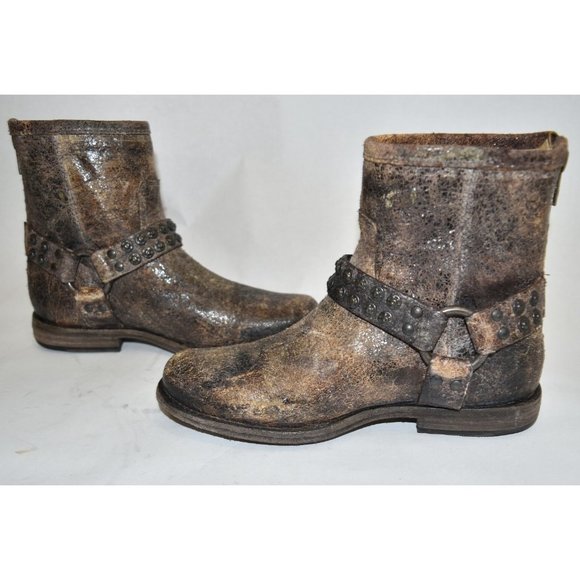 $350 FRYE Phillip Studded Harness Bootie MOTO BIKER DISTRESSED brown 6.5 (K3) - Picture 3 of 8